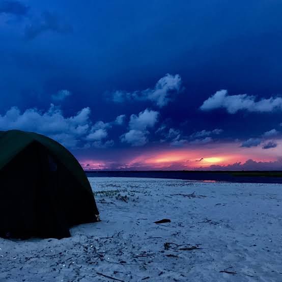 Beach campsite at sunset, from the Capers Island event